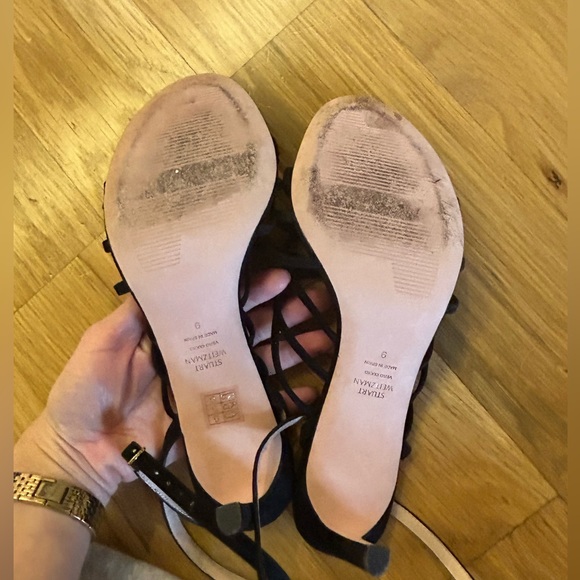 Stuart Weitzman Black Spotlight Strappy Suede Sandal Heel Size 9 $orig$ 425 - Picture 9 of 10